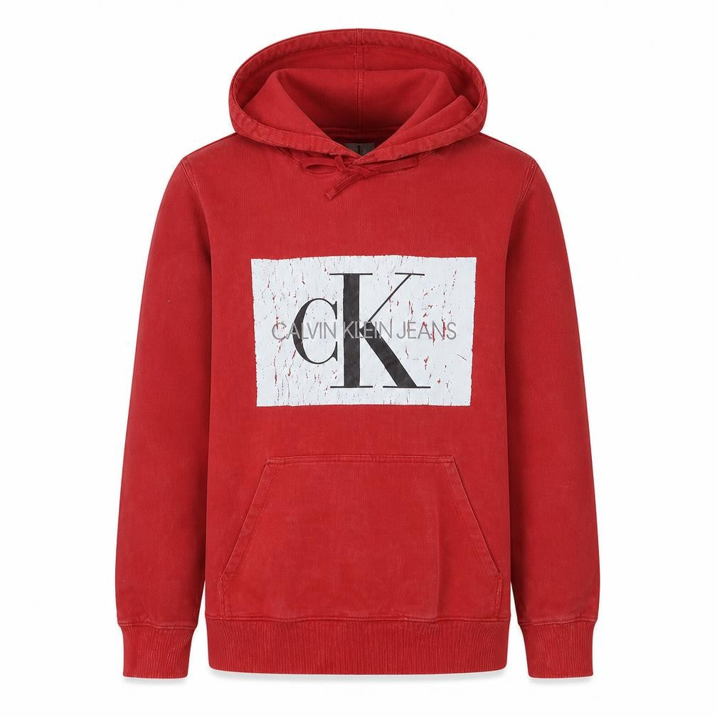 Front view of Calvin Klein Jeans Men's Red Pullover Hoodie M Logo Cotton