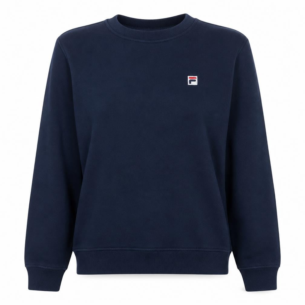 Front view of Fila women’s navy blue pullover sweatshirt, size UK 16, crew neck classic fit