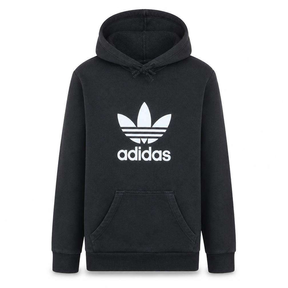 Front view of Adidas Men's Black Pullover Hoodie Trefoil Logo, size S