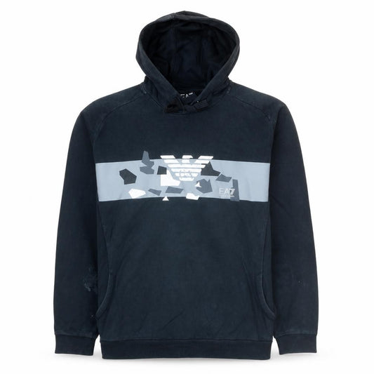 Front view of Emporio Armani EA7 Men's Black Pullover Hoodie, size L, Cotton Blend