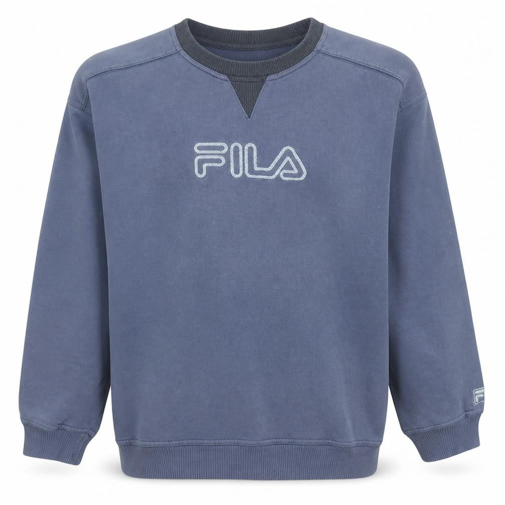 Front view of Fila men’s blue crew neck pullover sweatshirt, size L