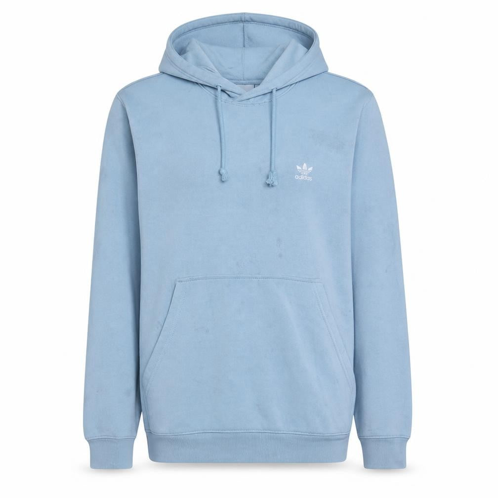 Front view of Adidas men’s blue pullover hoodie, size L, regular fit fleece sweatshirt