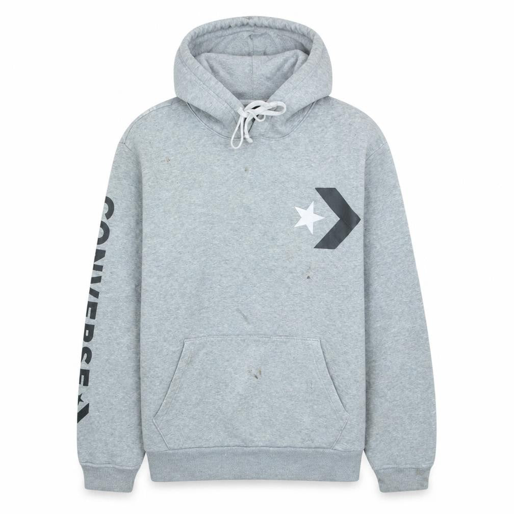 Front view of Converse Men's Grey Pullover Hoodie Small Logo Fleece Sportswear