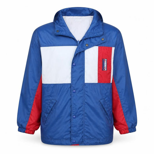Front view of Marcel Clair Men's Blue Windbreaker Hooded Jacket, size M, Retro Outdoor