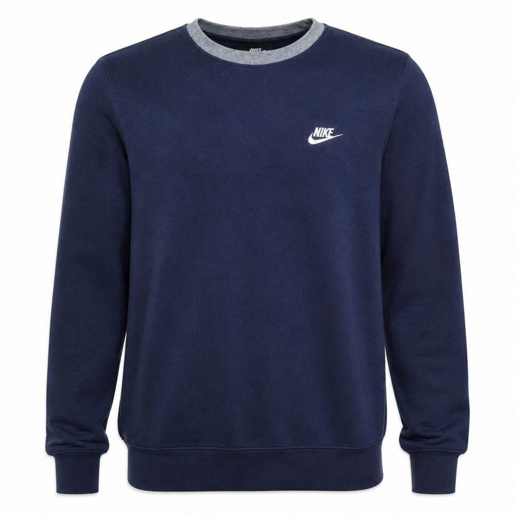 Front view of Nike men’s blue crew neck pullover sweatshirt, size M