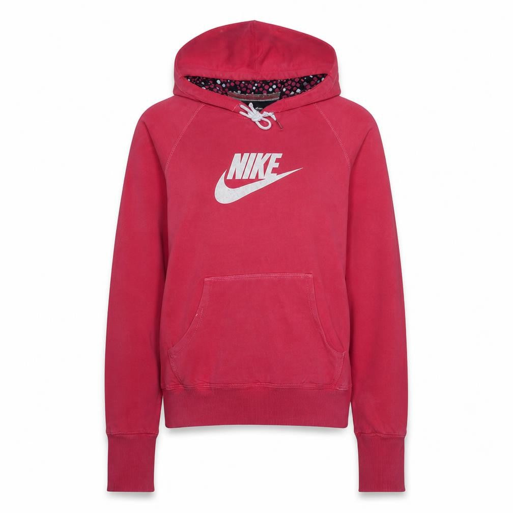 Front view of Nike women’s pink hoodie, size M, pullover logo hooded sweatshirt