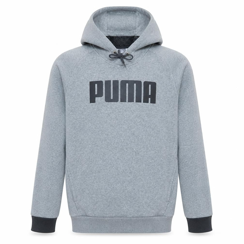 Front view of Puma Men's Grey Pullover Hoodie Medium Sports Fleece Sweatshirt