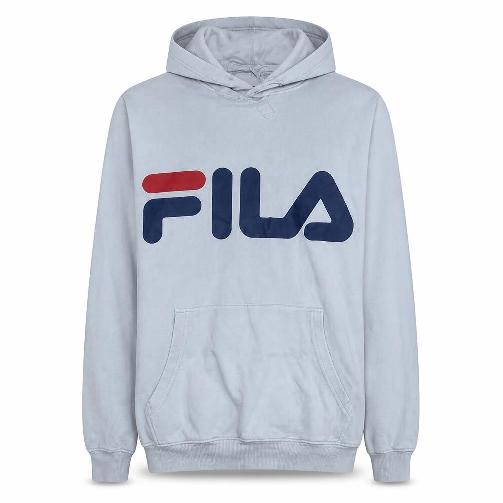 Front view of Fila men’s white xs pullover hoodie logo graphic fleece