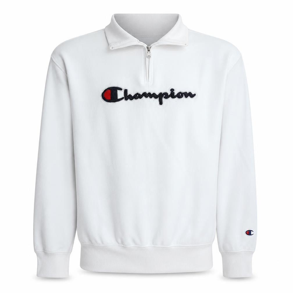 Front view of Champion Men's White 1/2 Zip Embroidered Logo Sweatshirt -, size S