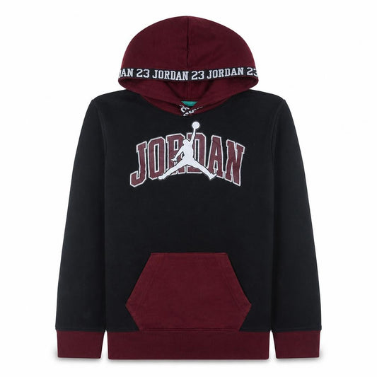 Front view of Jordan boys’ black & burgundy pullover hoodie 12-13 years fleece lined