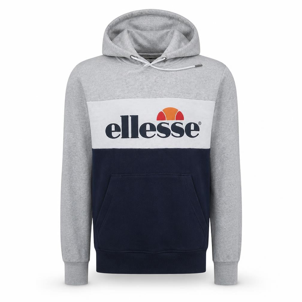 Front view of Ellesse Men’s Grey Pullover Logo Hoodie, size S, Regular Fit