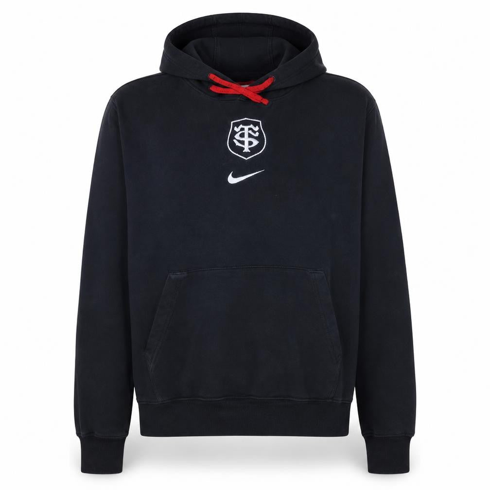 Front view of Nike Men's Black M Pullover Hoodie with Red Drawstring and Logo