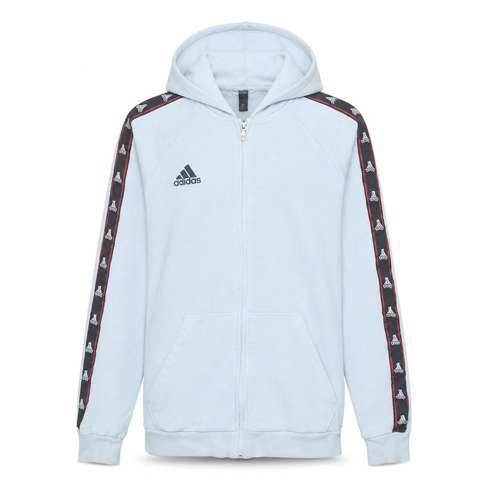 Front view of Adidas Men's White Full Zip Hoodie Medium Graphic Tape Style