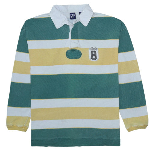 GAP Men's Green Striped Long Sleeve Rugby Polo Shirt M