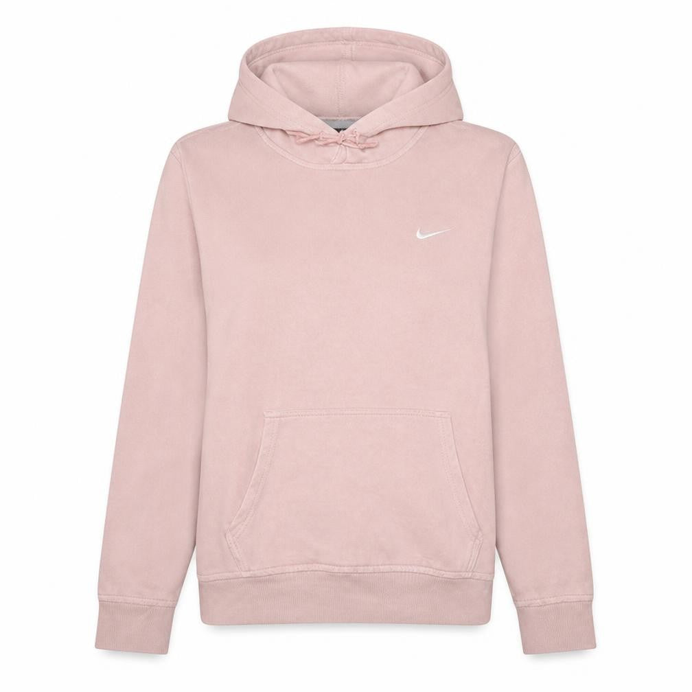 Front view of Nike women’s pink pullover hoodie, size L, cotton blend casual sweatshirt