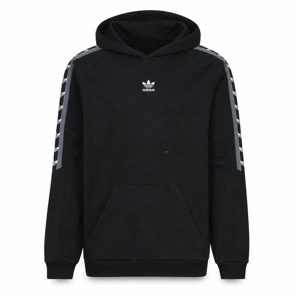 Front view of Adidas Men’s Black Small Pullover Hoodie with Logo & Stripes