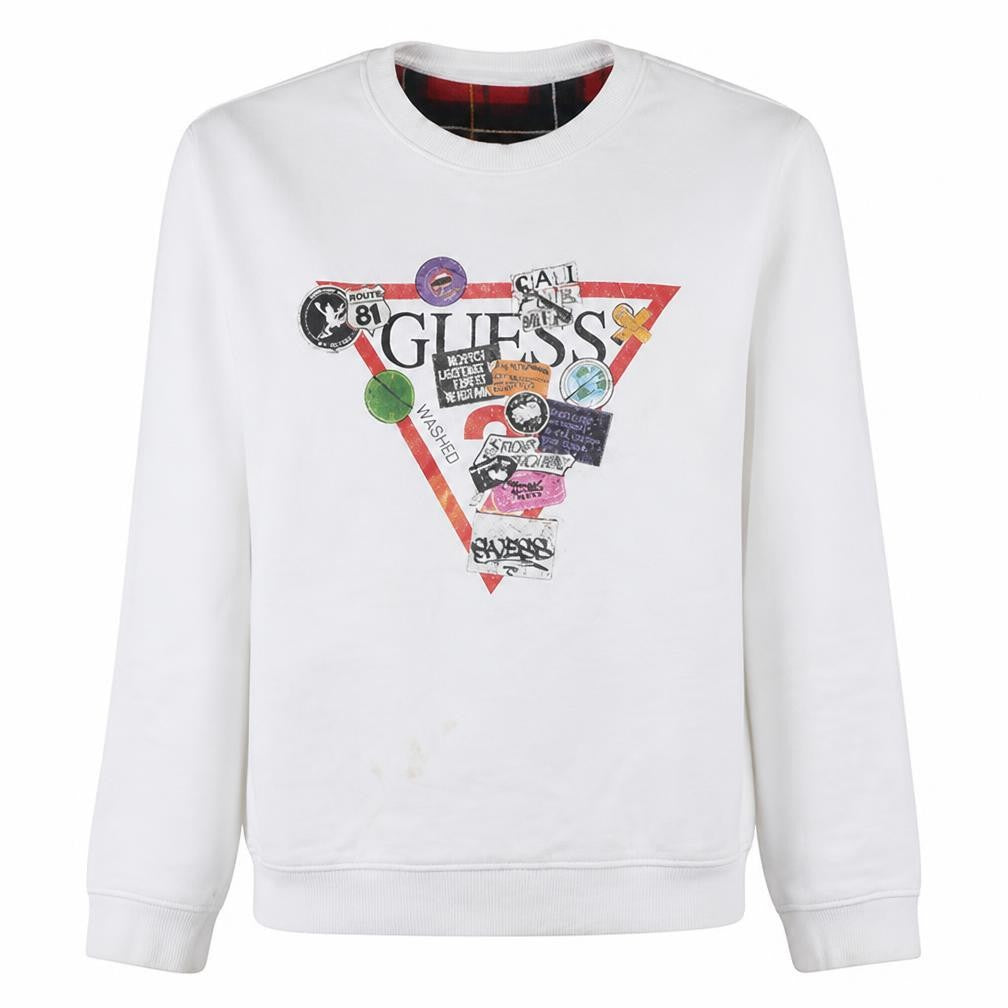 Front view of Guess Men's White Slim Fit Graphic Crew Neck Sweatshirt, size M