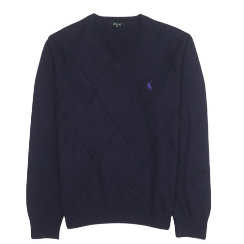 Metal Men's Blue Wool V-Neck Argyle Knit Jumper Size M