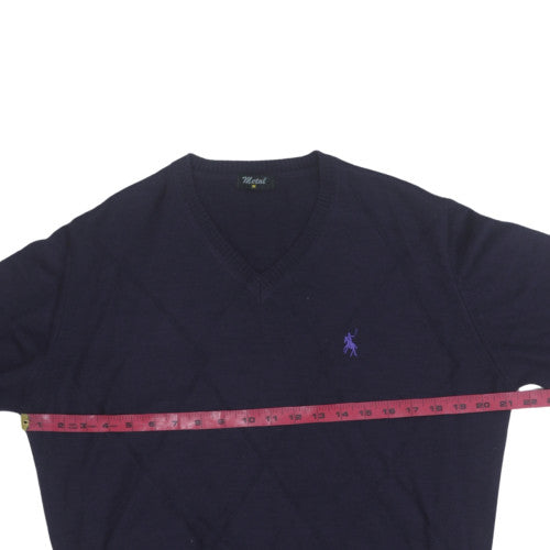 Metal Men's Blue Wool V-Neck Argyle Knit Jumper Size M