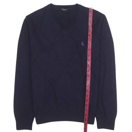 Metal Men's Blue Wool V-Neck Argyle Knit Jumper Size M