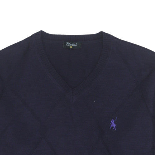 Metal Men's Blue Wool V-Neck Argyle Knit Jumper Size M