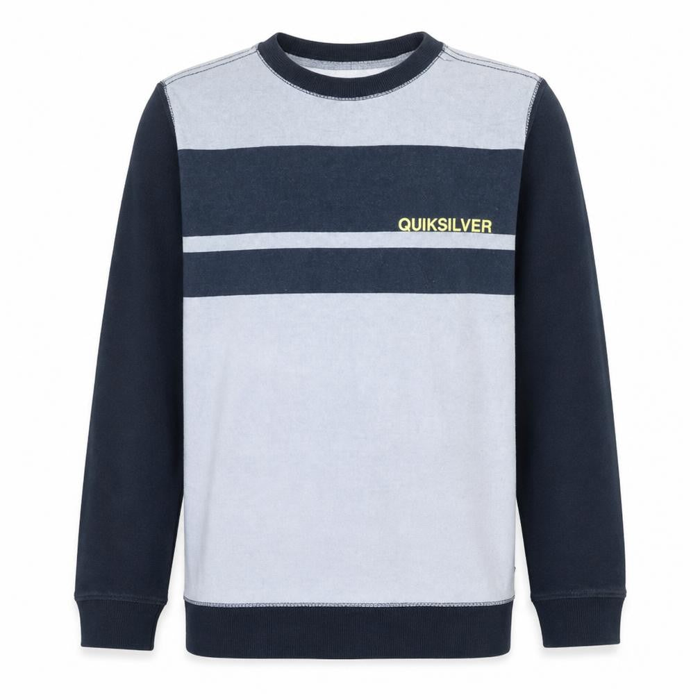 Front view of Quiksilver Men's Blue Stripe Logo Crew Neck Sweatshirt, size S