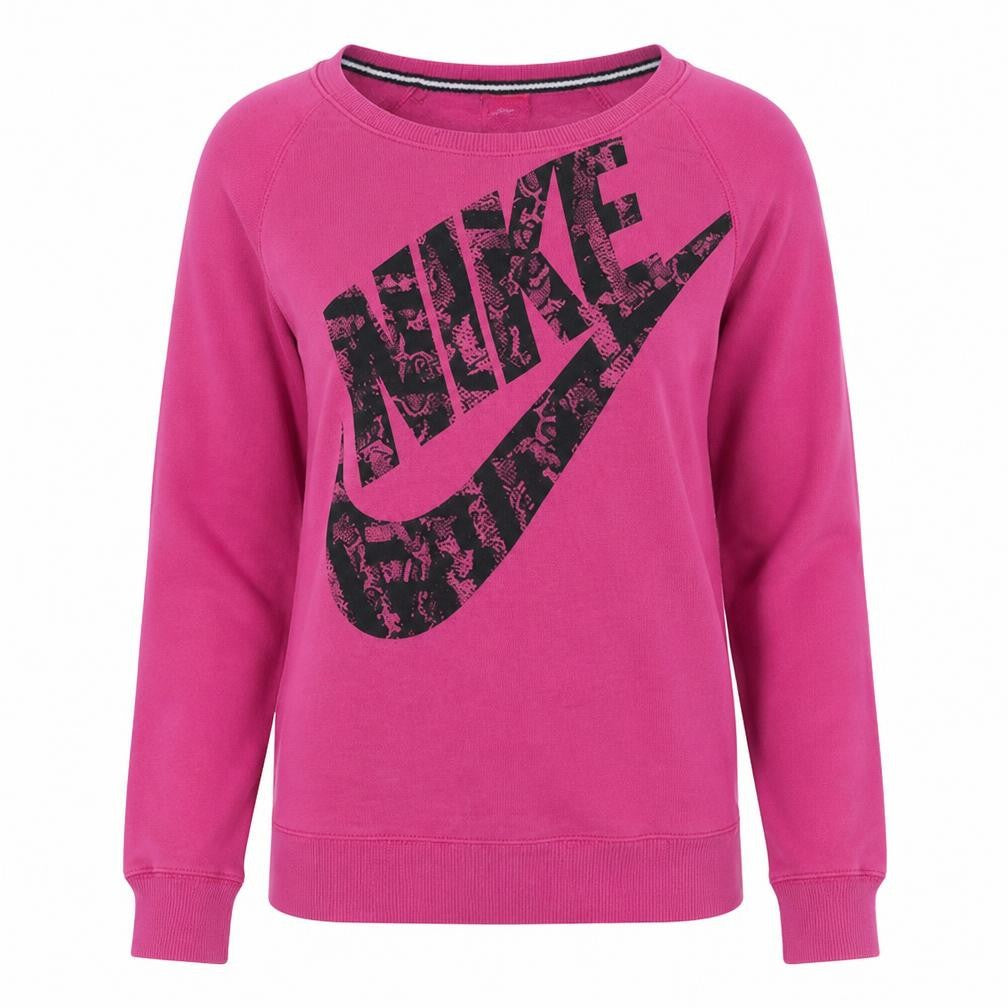 Front view of Nike women’s pink crew neck logo pullover sweatshirt m
