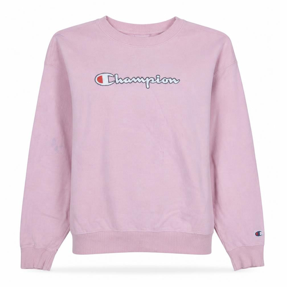Front view of Champion women’s pink xl crew neck pullover sweatshirt