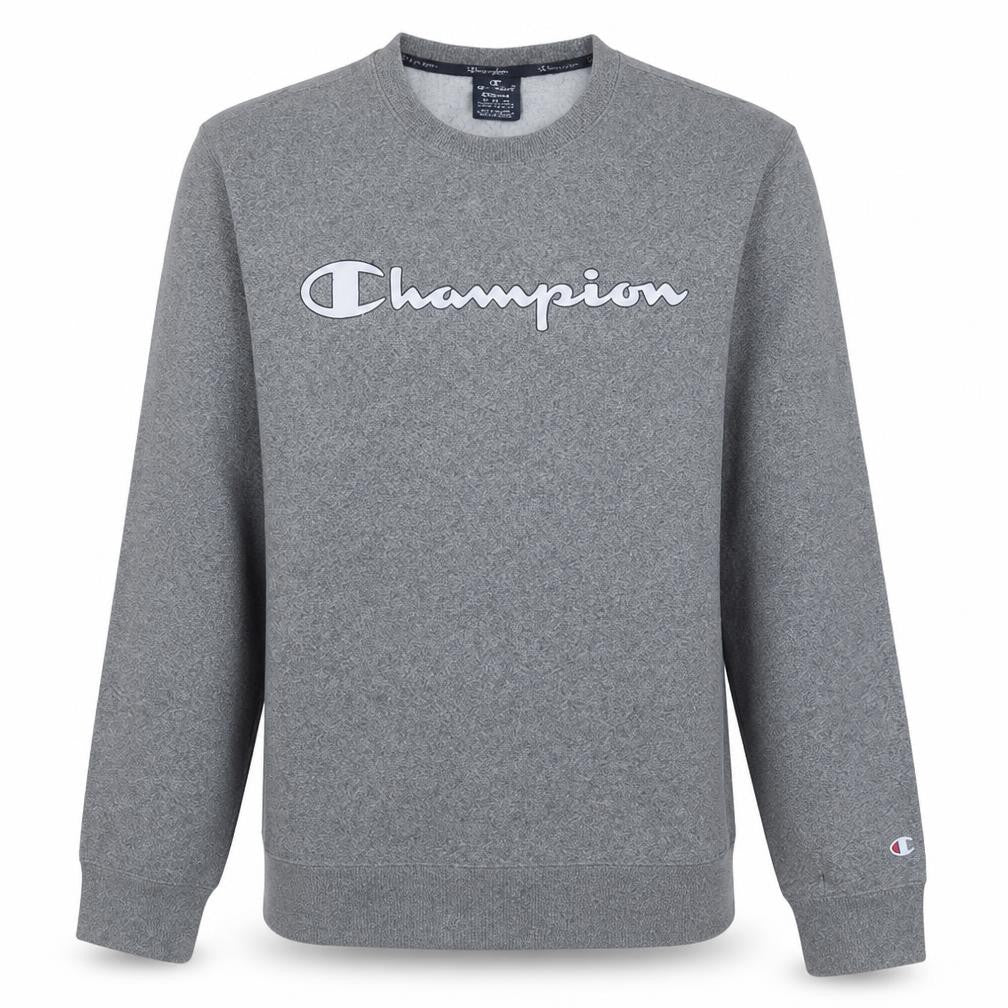 Front view of Champion men’s grey medium pullover sweatshirt crew neck logo print