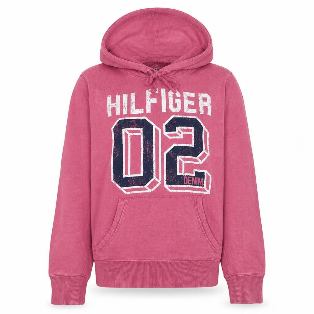 Front view of Tommy Hilfiger Women Pink Hoodie Medium Pullover Cotton Blend Casual