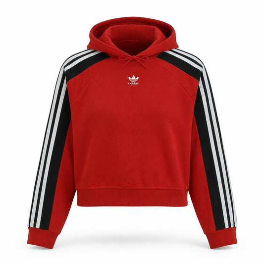 Front view of Adidas women’s red hooded pullover sweatshirt, size UK 6, with stripe detail