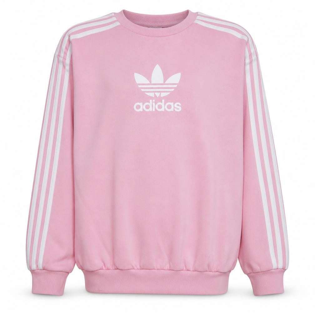 Front view of Adidas girls’ pink crew neck pullover sweatshirt, size 14-15, years