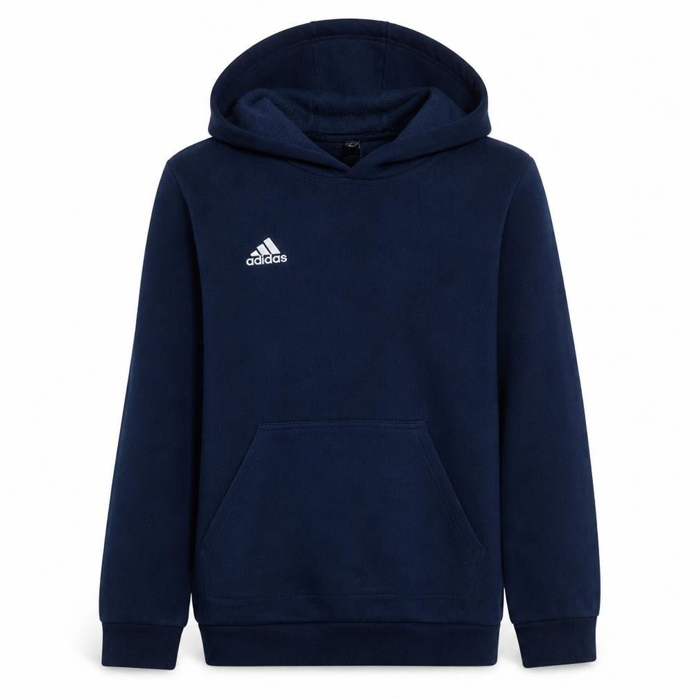 Front view of Adidas boys’ navy blue pullover hoodie sweatshirt, size 13-14, years