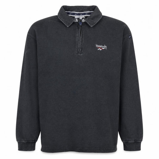Front view of Reebok Men's Black Long Sleeve 1/4 Zip Polo Top, size L