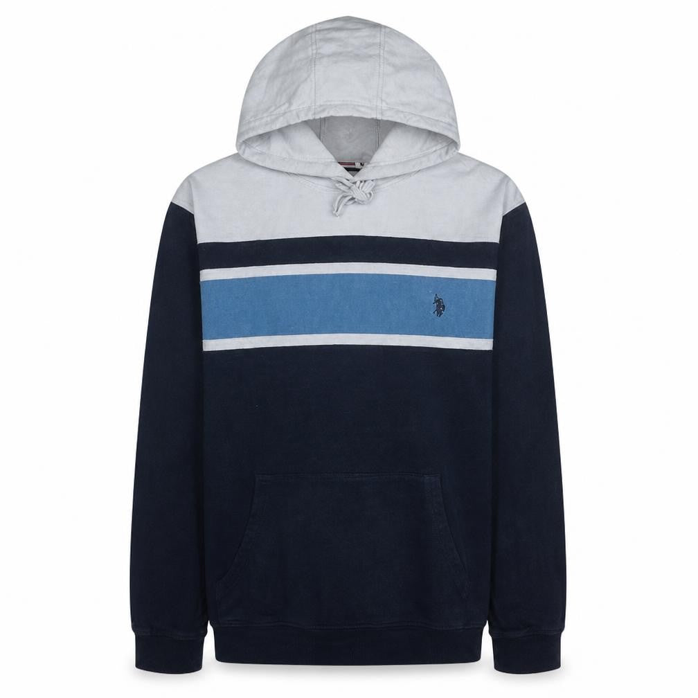 Front view of U.S. Polo Assn. men’s blue 2xl pullover hoodie with logo