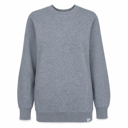 Front view of Adidas women’s grey long sleeve crew neck pullover sweatshirt, size UK 14