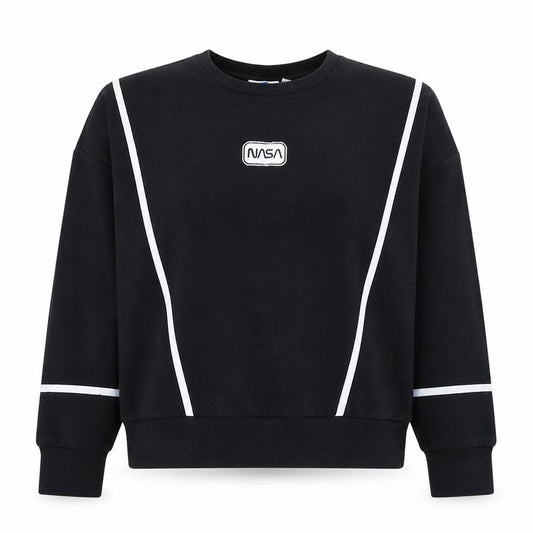 Front view of NASA women’s black crew neck pullover sweatshirt, size UK 10/12