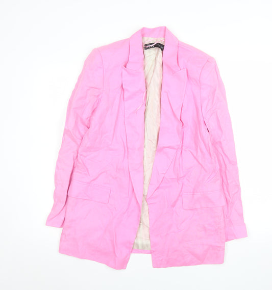 Zara Women Pink Linen Long Blazer Jacket Size S Single Breasted