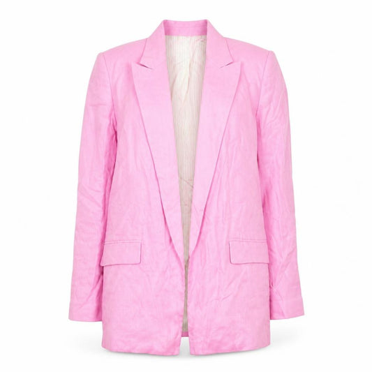 Front view of Zara Women Pink Linen Long Blazer Jacket, size S, Single Breasted
