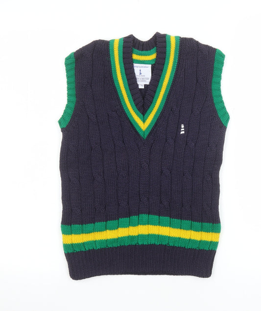 Lucas Frank Boys Navy Wool Cable-Knit V-Neck Cricket Vest 7-8 Years