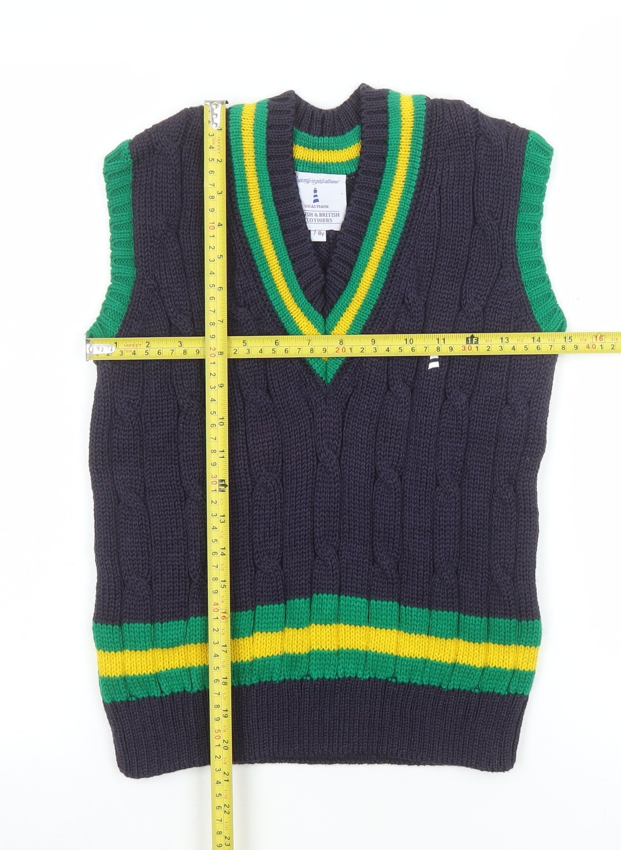 Lucas Frank Boys Navy Wool Cable-Knit V-Neck Cricket Vest 7-8 Years