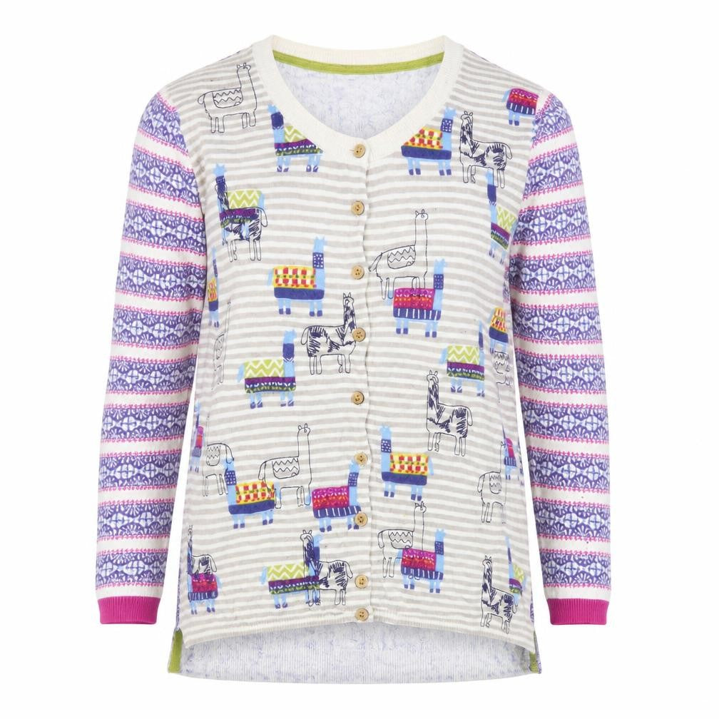 Front view of White Stuff Women’s Multicoloured Llama Print Cotton Cardigan, size UK 10
