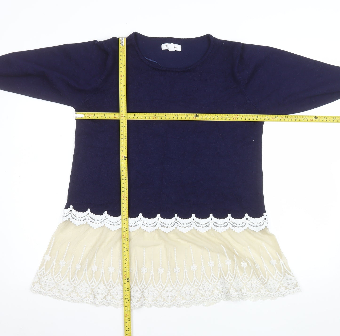 Wild Flower Women Blue Lace Hem Shift Dress M/L Long Sleeve
