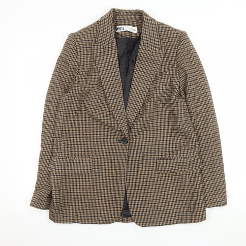 Zara Women Brown Checked Wool Blend Blazer Jacket Size S