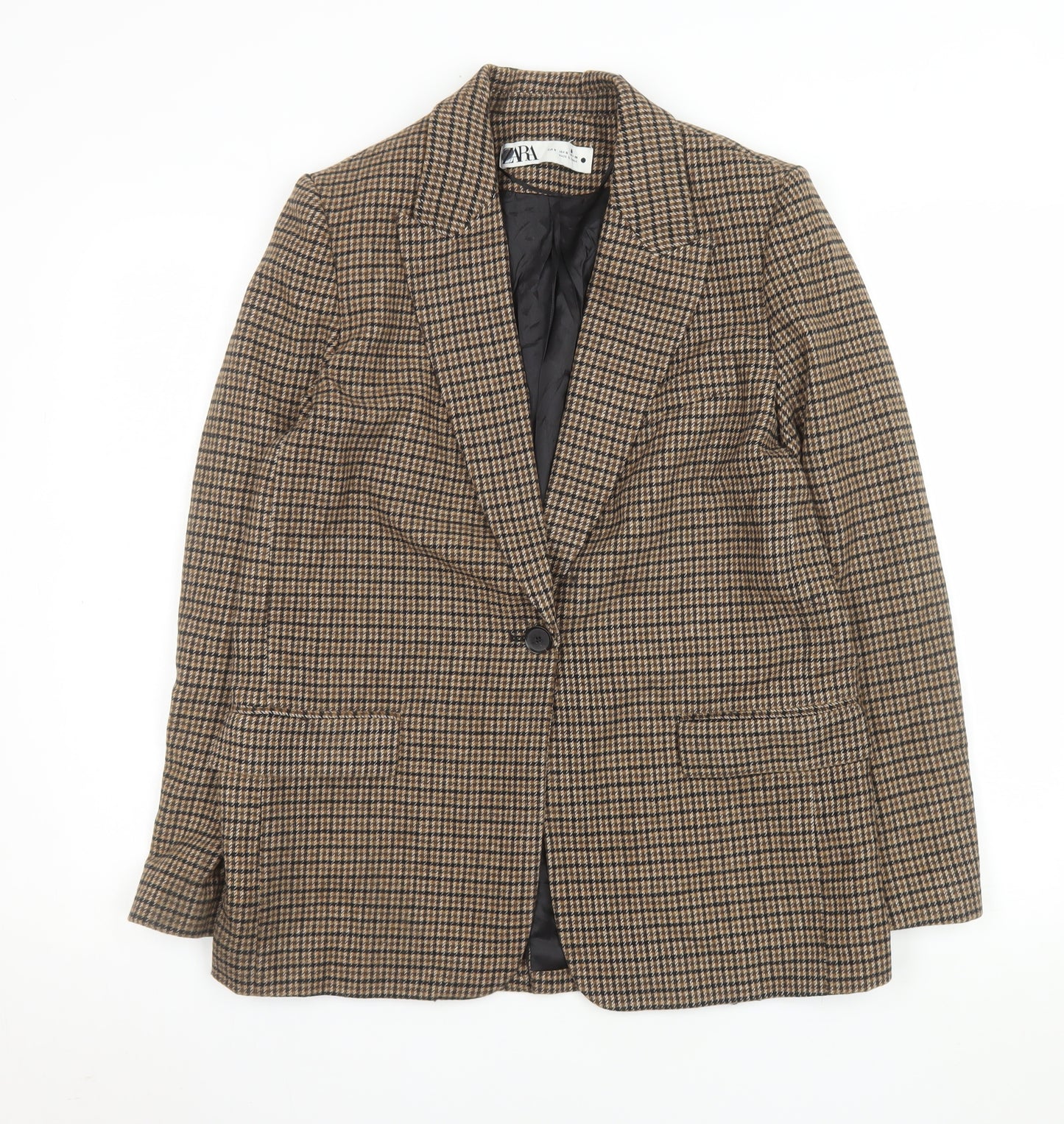 Zara Women Brown Checked Wool Blend Blazer Jacket Size S
