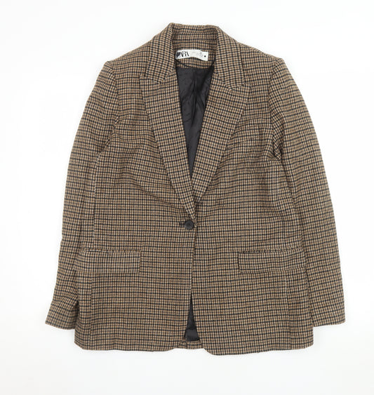 Zara Women Brown Checked Wool Blend Blazer Jacket Size S