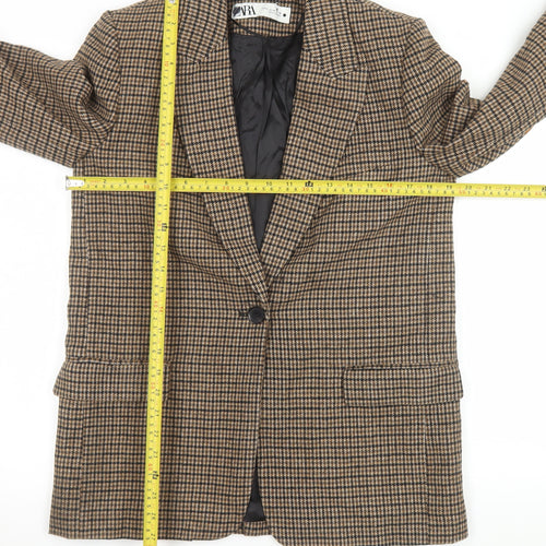 Zara Women Brown Checked Wool Blend Blazer Jacket Size S