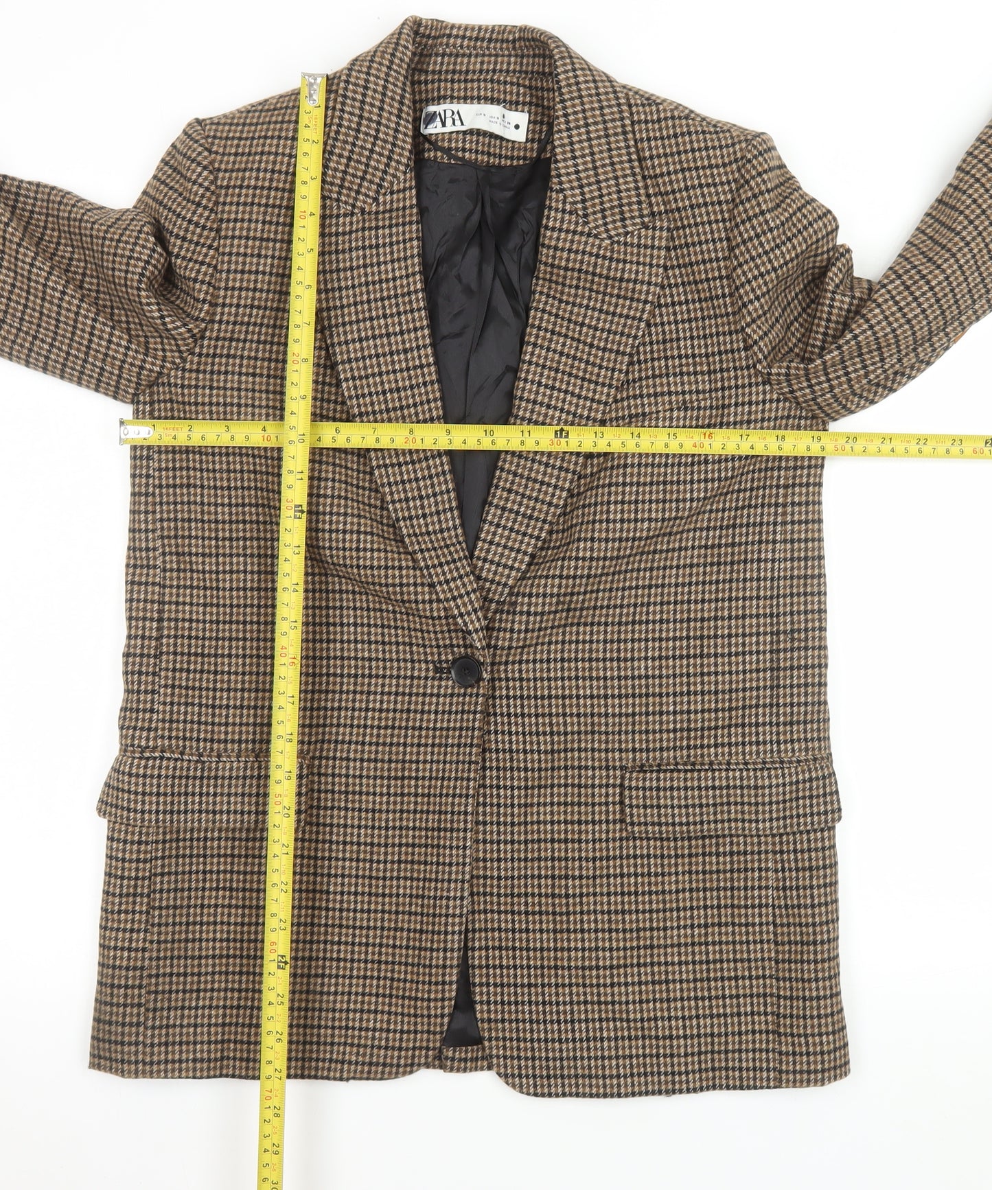 Zara Women Brown Checked Wool Blend Blazer Jacket Size S