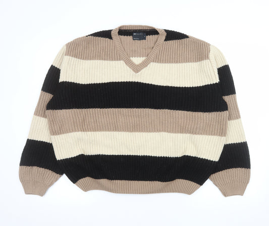 ASOS DESIGN Men’s Beige Black Stripe Chunky Knit V-Neck Jumper M