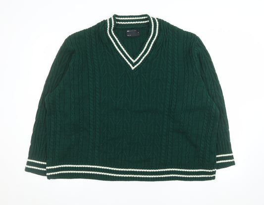 ASOS DESIGN Men's Green V-Neck Cable-Knit Jumper Size M